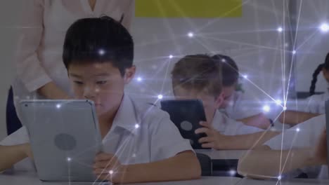 Animation-of-network-of-connections-over-school-children-using-tablets