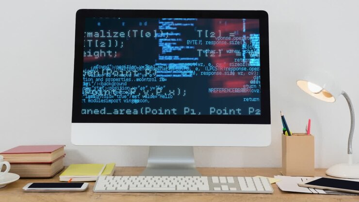 Digitale Komposition von Datenverarbeitung auf einem Computerbildschirm auf einem Holztisch vor weißem Hintergrund.