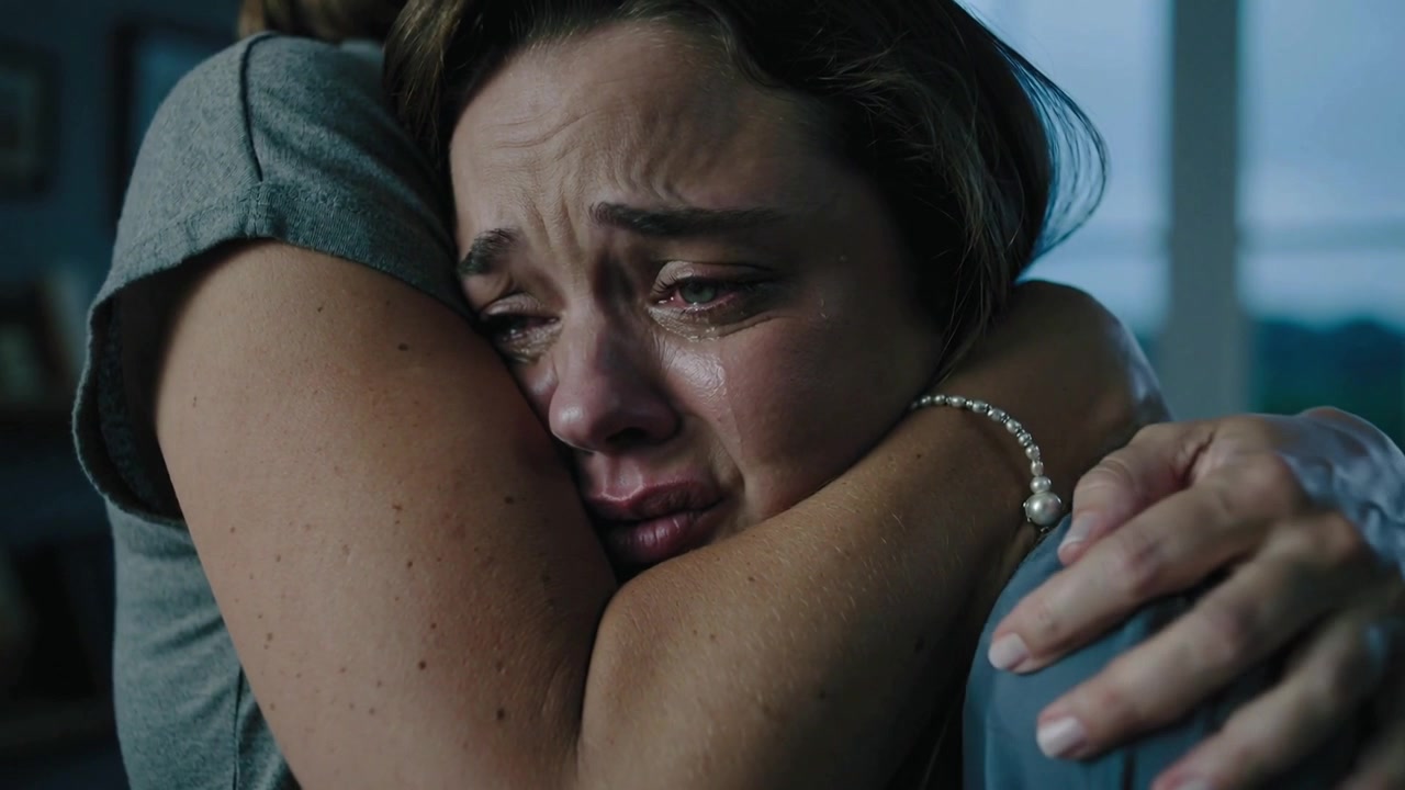 Segurando uma mulher chorando com blusa azul em casa, com um edredom envolvendo o braço enquanto lágrimas escorrem, e uma pulseira de pérolas.
