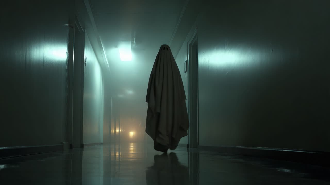 Eerie Encounter: A Mysterious Specter Glides Down a Foggy Hallway, Draped in Shrouded Fabric, Evoking Haunting Atmospheres and Chilling Curiosity Among Spectators