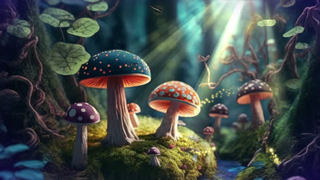 Animation-Eines-Magischen-Fantasiewaldes,-Digital-Generierter-Pilze,-Schmetterlinge,-Bäume-Und-Anderer-Waldvegetation