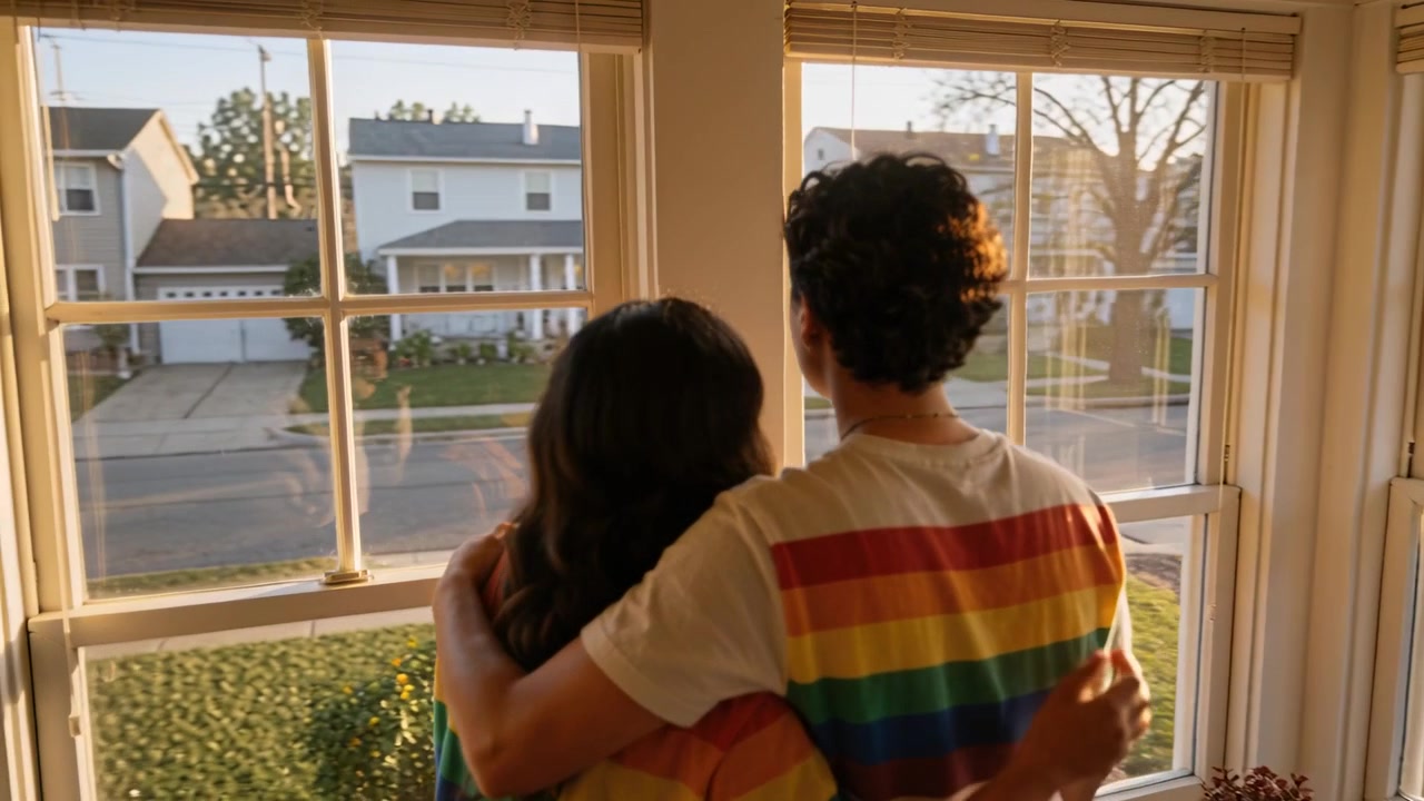 Casal abraçado contemplando pela janela panorâmica enquanto o sol ilumina o quarto, compartilhando um momento tranquilo com camisetas arco-íris.