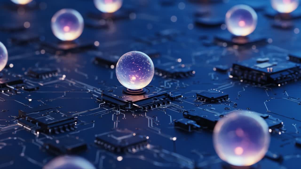 A mesmerizing visual journey through a circuit board landscape where luminous orbs glow against a backdrop rich with intricate technology patterns and digital connections