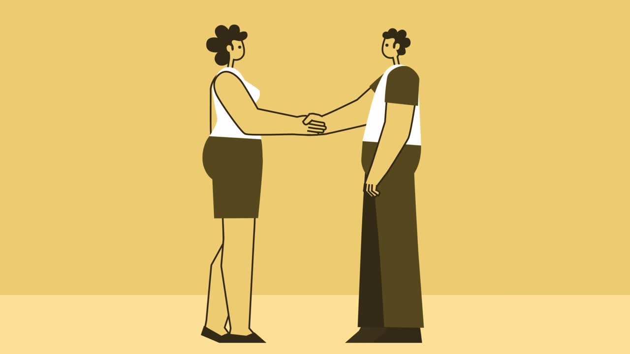 Yellow Style Woman and Man Flat Character Handshake Agreement. Isolated Loop Animation with Alpha Channel