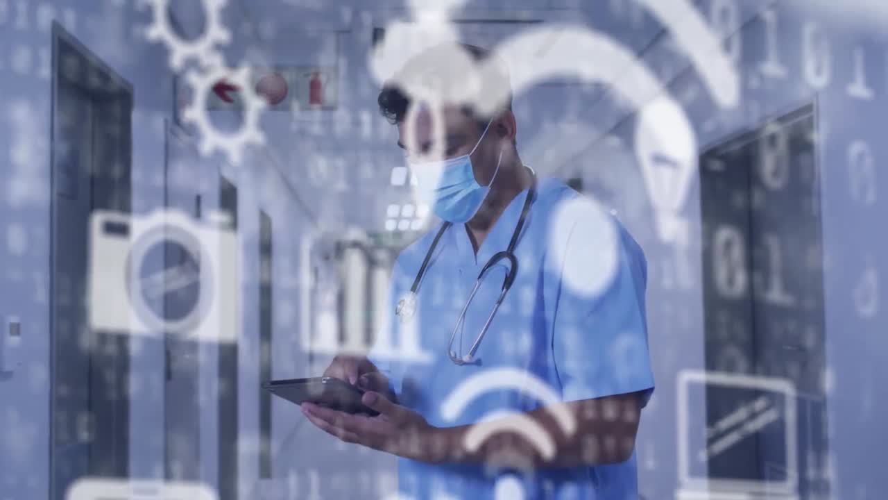 animación de iconos tecnológicos, más de un médico masculino biracial con máscara facial tomando notas