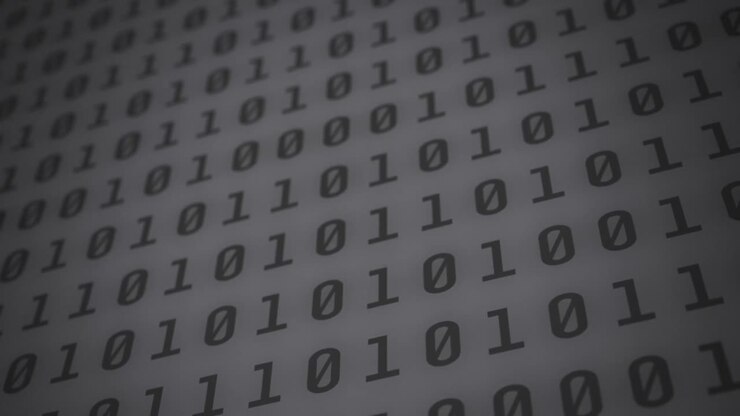 Digital animation of binary coding digital data processing against grey background