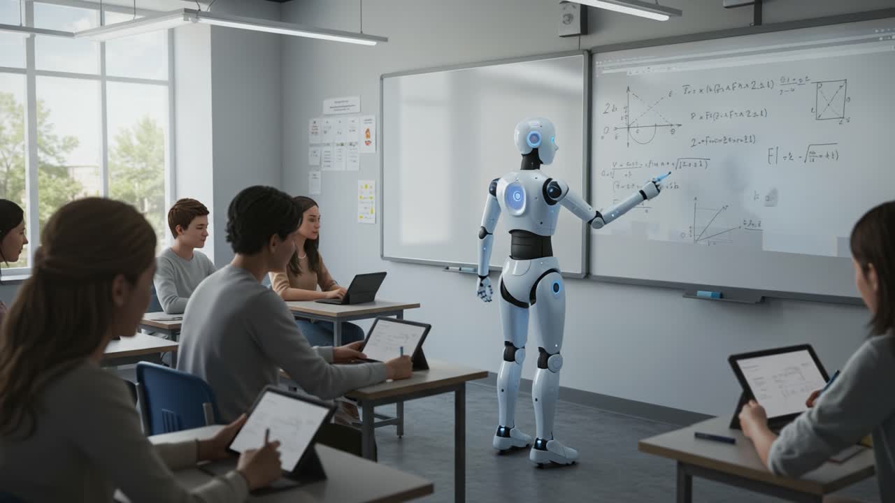 A futuristic classroom scene featuring a humanoid robot teaching mathematics concepts to a group of attentive students engaged with digital devices