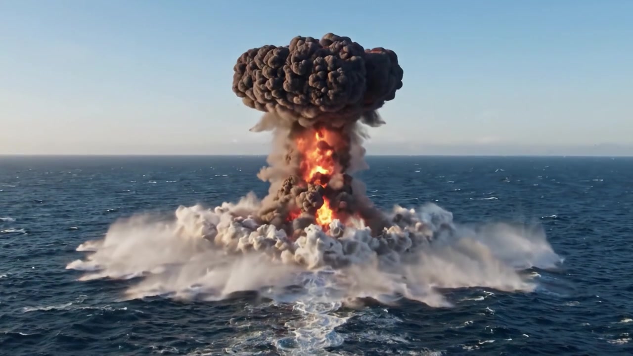 Dramatisk scene med eksplosjon over havet: Fengslende bilder av det første glimtet og stigende røyk ved vannet, som symboliserer kraft og ødeleggelse i naturen