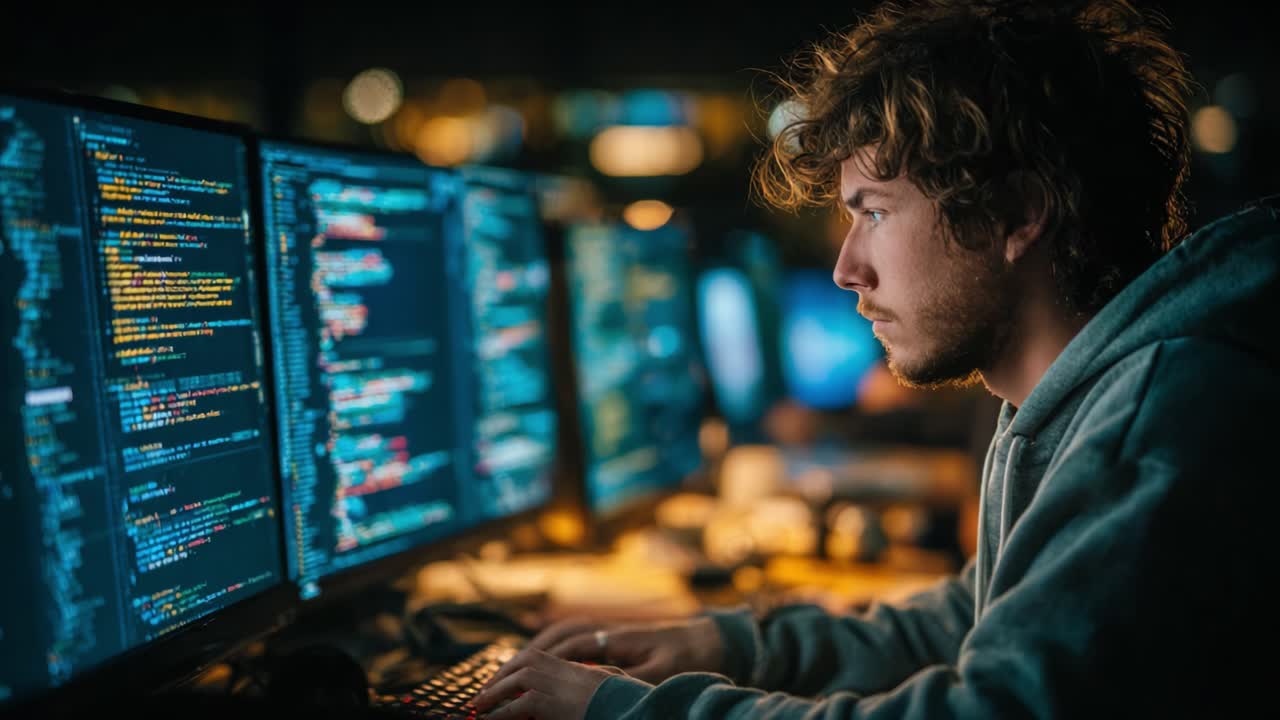 Focused Programmer Analyzing Code on Multiple Monitors in a Dimly Lit Workspace, Capturing the Intensity and Dedication of Modern Software Development