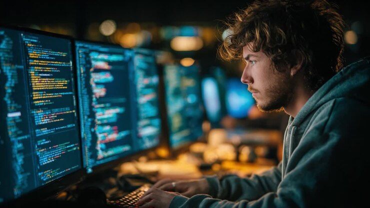 Focused Programmer Analyzing Code on Multiple Monitors in a Dimly Lit Workspace, Capturing the Intensity and Dedication of Modern Software Development