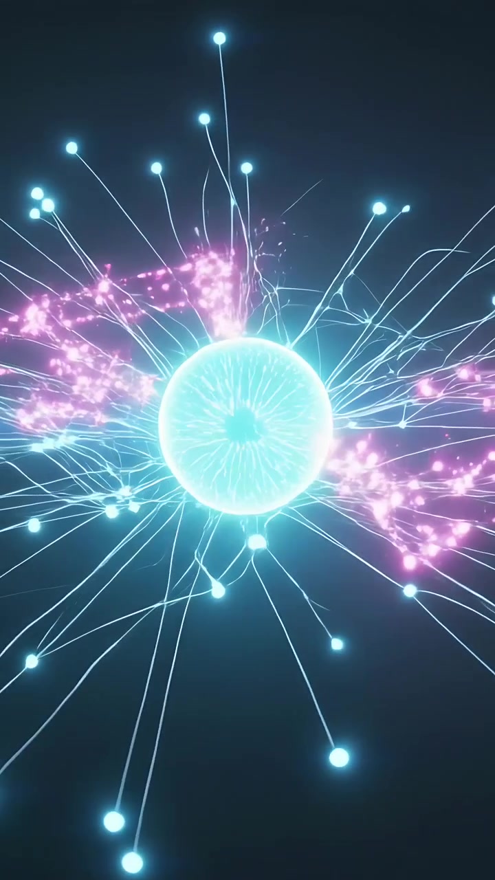 Video verticale: Esplosione rosa inviata a sinistra, sbuffi che corrono lungo le linee di una sfera ciano, creando 3 braccia nel vuoto.