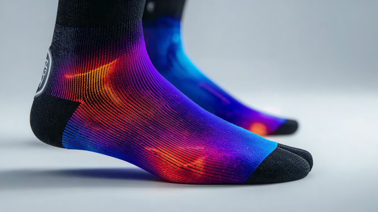 Animating pair of feet in vivid ankle socks on gray floor, glow rising, sparkles and logo
