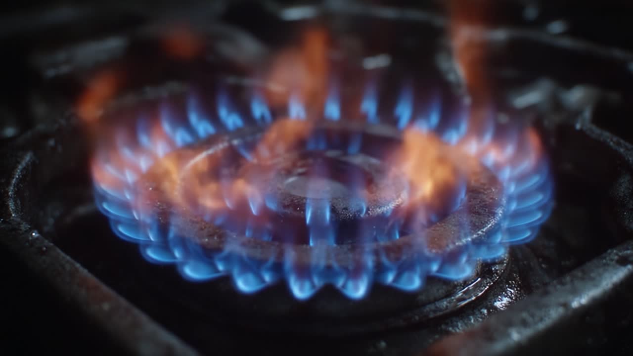 Fiamme affascinanti: un primo piano dell'accensione di un bruciatore a gas, mostrando fiamme vibranti blu e arancioni che danzano sulla superficie con calore intenso.