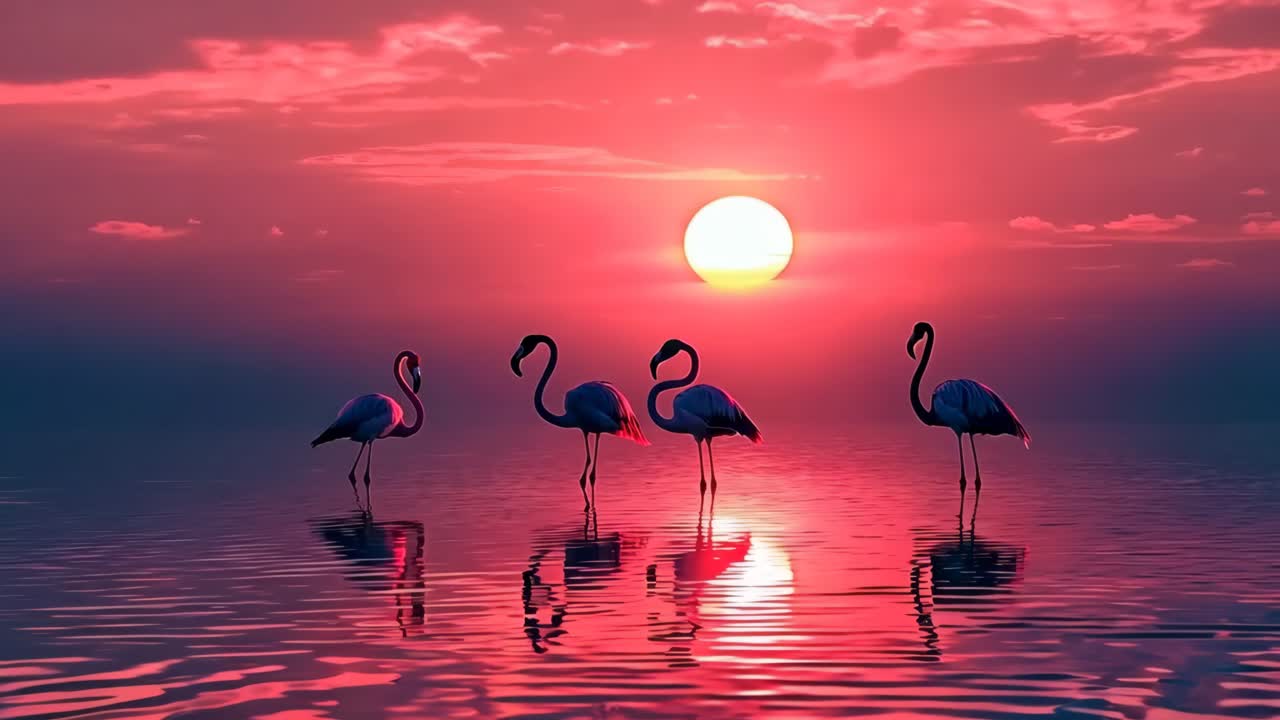 un grupo de flamencos de pie en el agua al atardecer