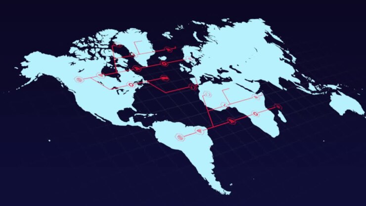 Blue world map with growing red network of connected icons on black background