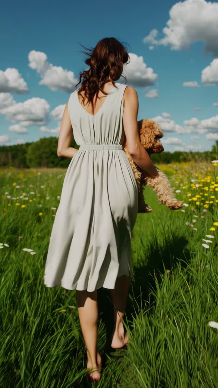 Woman and dog walking through a sunny wildflower field