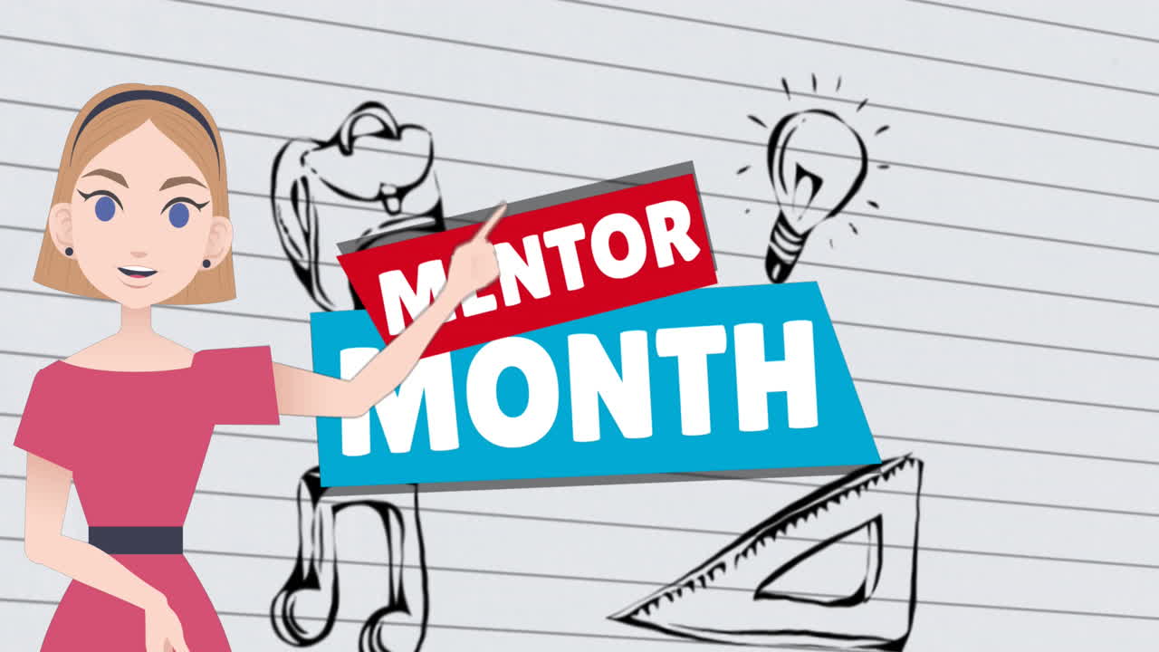 학교 그림과 멘토 월 텍스트를 통해 이야기하는 여성의 애니메이션