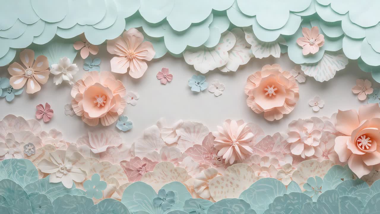 Panning camera revealing crafted paper floral mural on studio, showing peach blooms, mint scallops