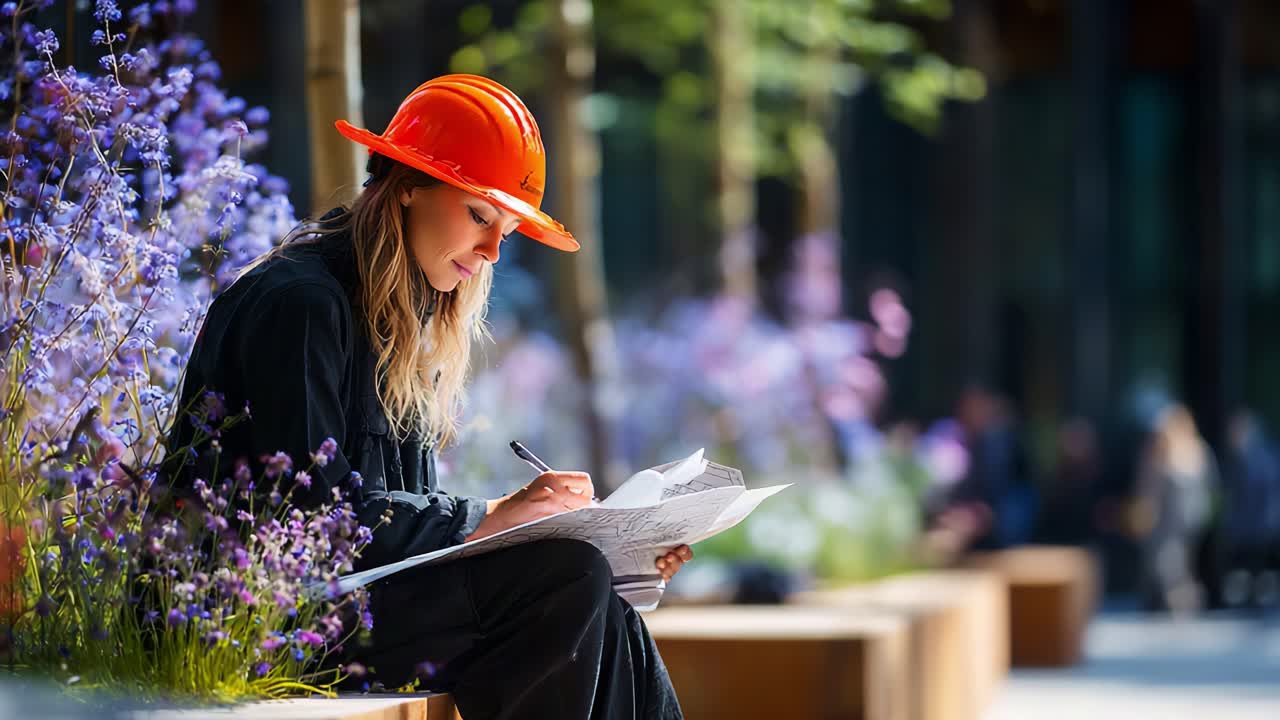 A young woman wearing an orange hard hat diligently sketches plans on a notepad while surrounded by vibrant purple flowers and lush greenery in a bright urban setting