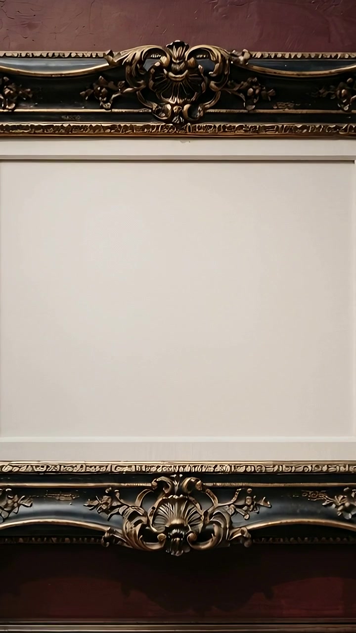 Video verticale: Telecamera panoramica che inquadra la modanatura inferiore di una cornice intagliata su una parete con un pannello vuoto.