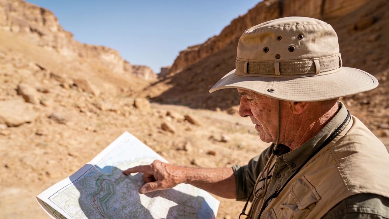 Unfolding map, senior hiker tracing route, scanning canyon to orient, khaki vest hat, copy space