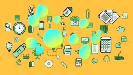 animación digital de la forma líquida de gradiente sobre múltiples iconos de concepto de negocio en fondo amarillo