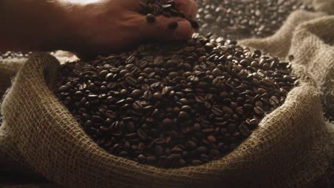 hand slowly picking up fresh roasted coffee beans from linen bag in warm warehouse atmosphere, beans falling back down, slow motion