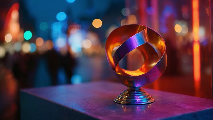 Captivating Close-up of a Unique Metallic Sculpture Glowing in Vibrant Night Lights, Showcasing Artistic Design and Urban Aesthetics with a Hint of Mystery