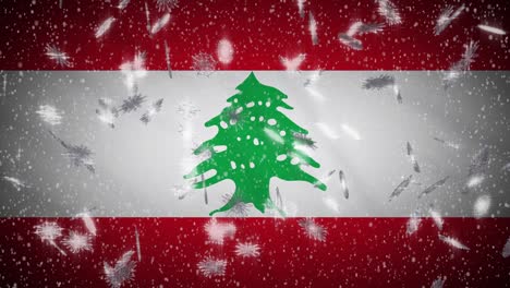 lebanon flag falling snow loopable, new year and christmas background, loop