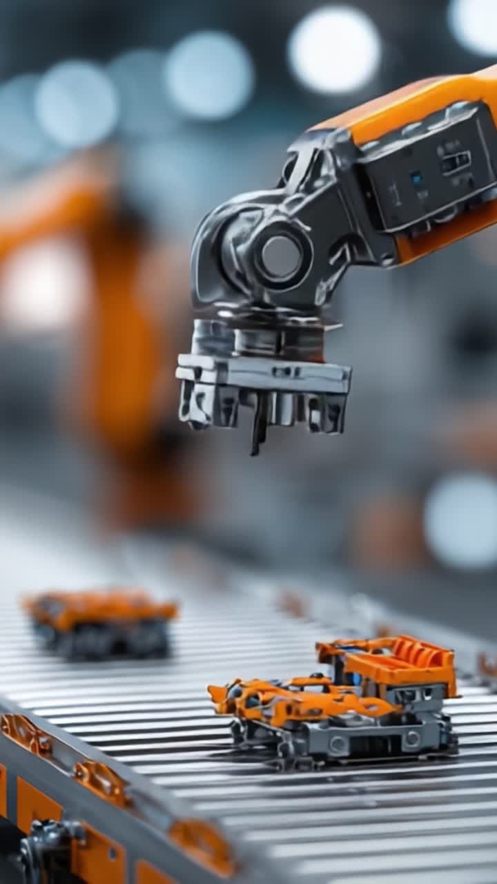 Avanceret robotarm udfører præcisionshåndtering af komponenter på en automatiseret produktionslinje i et moderne produktionsanlæg