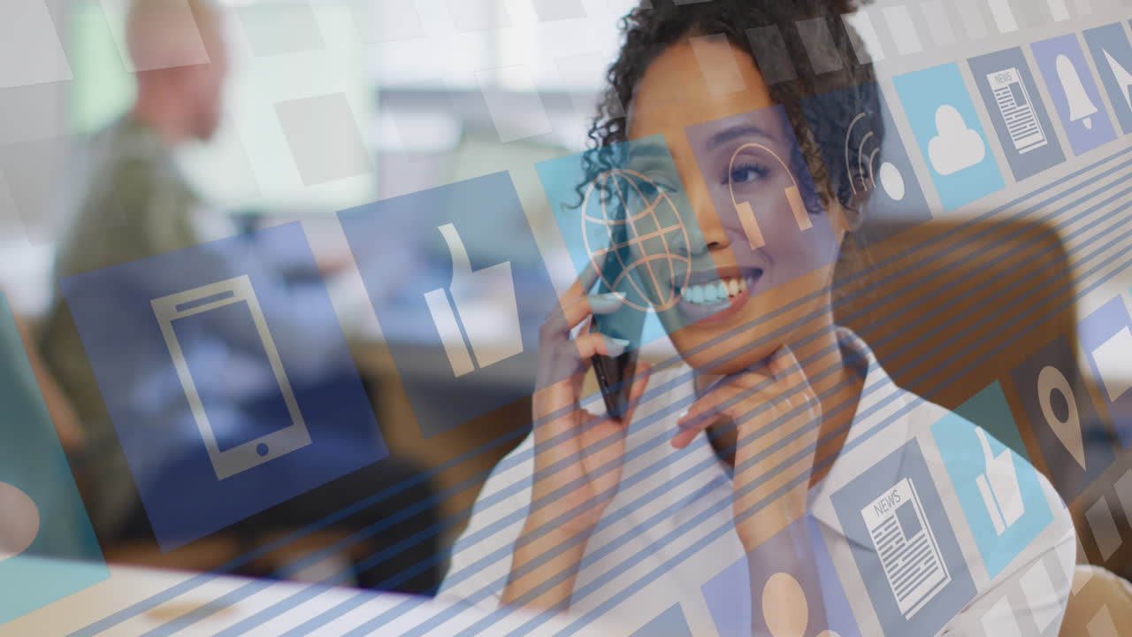 Animation of icons and data processing over biracial businesswoman in office
