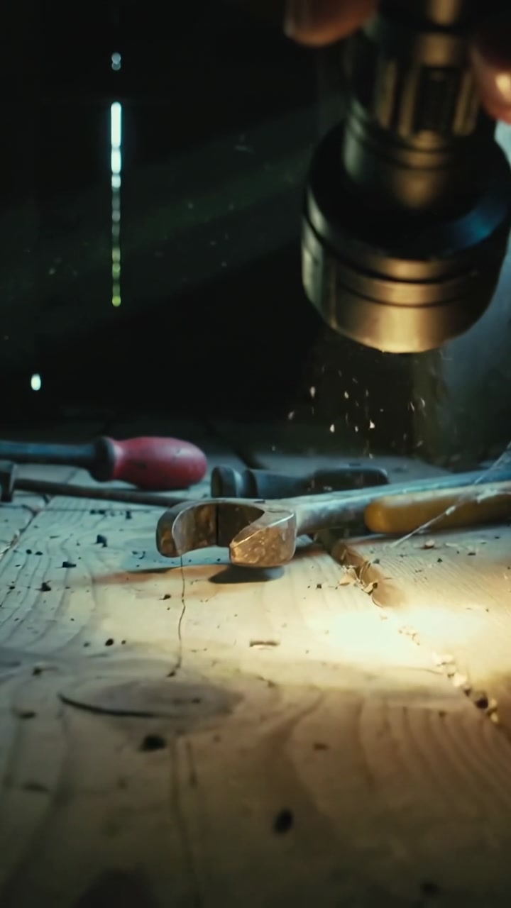 Vertical video: Turning flashlight on, hand sweeping beam over shed bench finding wrench among dust