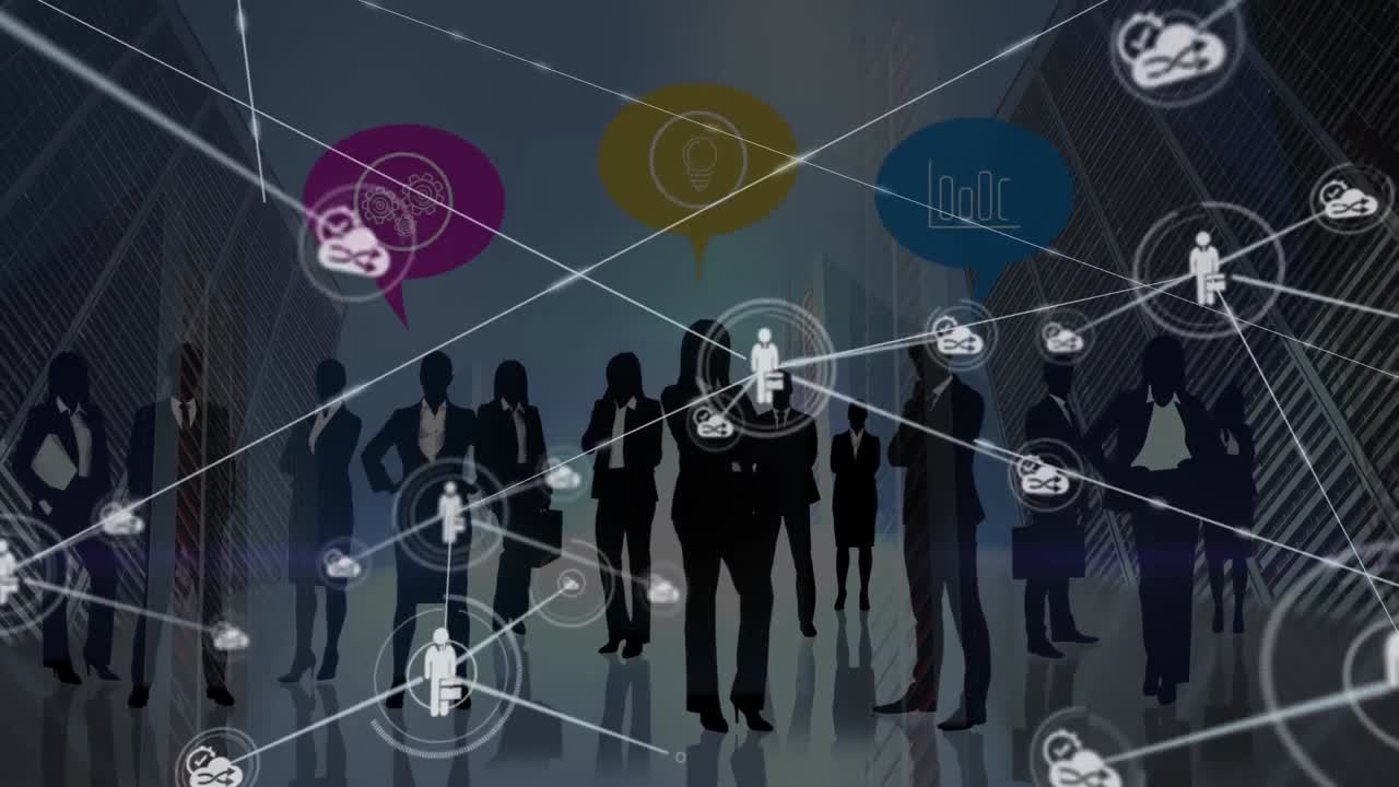 Animazione di rete di connessioni e sagome di professionisti su server