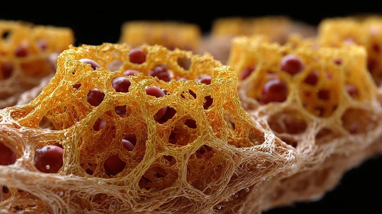 Intricate Cellular Structures Showcasing Unique Honeycomb-Like Patterns with Embedded Spherical Entities Forming a Complex Biological Network Under Advanced Imaging Techniques
