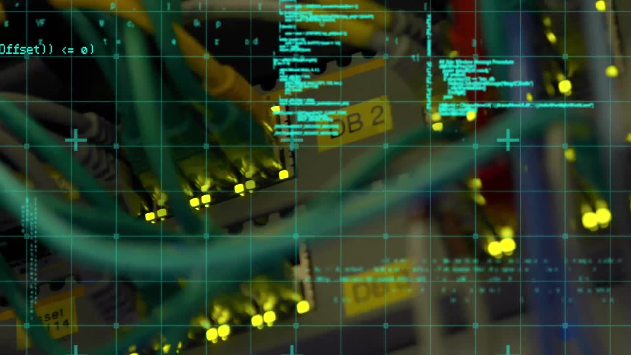 Animation of data processing over close up of computer server