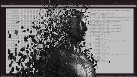 animation of human bust with particles and digital data processing over computer screens