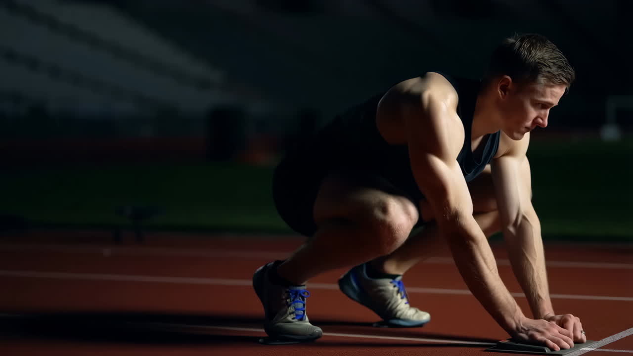Male athlete preparing in starting blocks on a running track