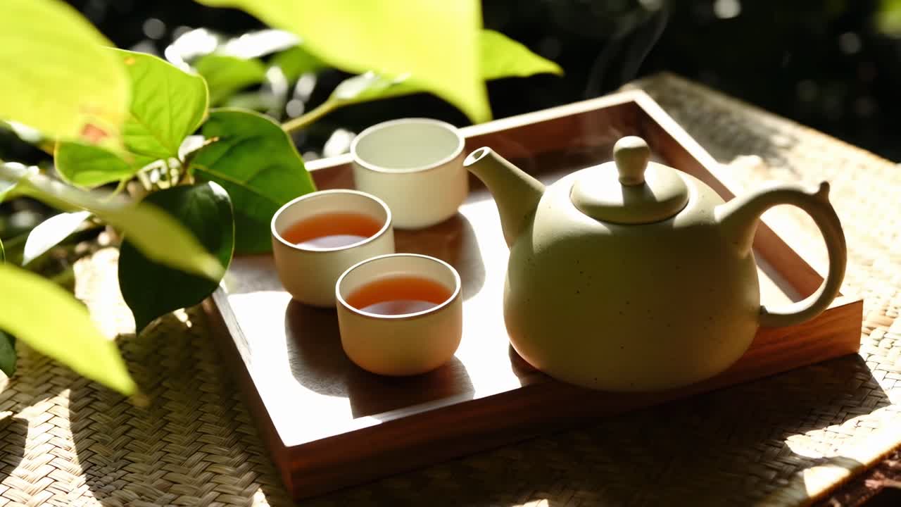 Servizio da tè tradizionale con tè caldo fumante alla luce naturale