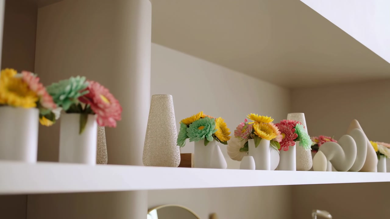 Exposição em prateleira, vasos de cerâmica, flores pastel, fundo bege neutro, pequenos vasos de porcelana e texturizado