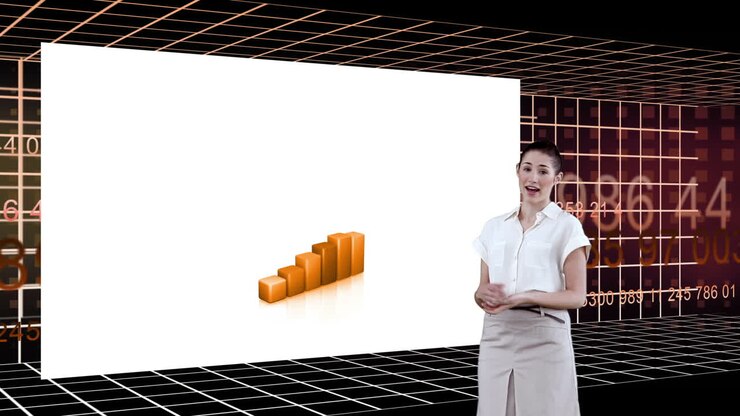 Classy woman presenting charts with an Earth image courtesy of Nasa.org