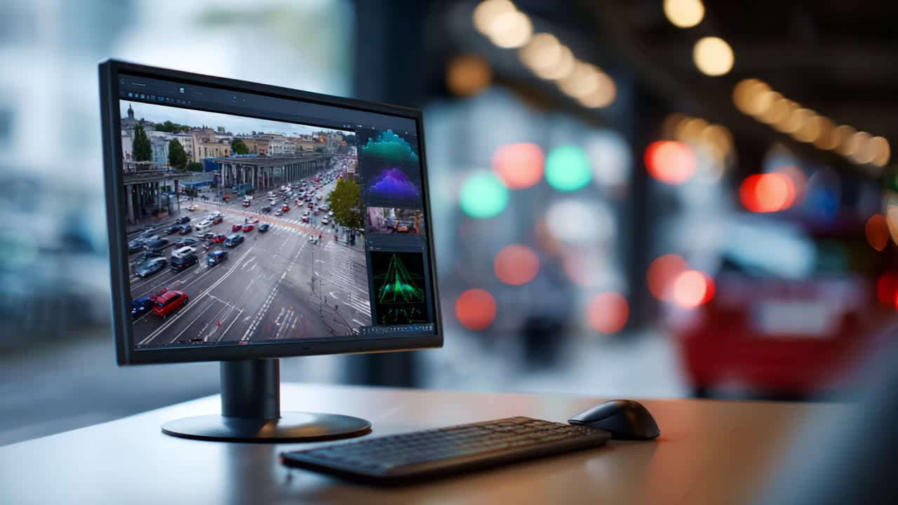 Montaggio di sorveglianza del flusso del traffico urbano su uno schermo di computer con sfondo colorato, che cattura le dinamiche delle condizioni e dei modelli di guida in città