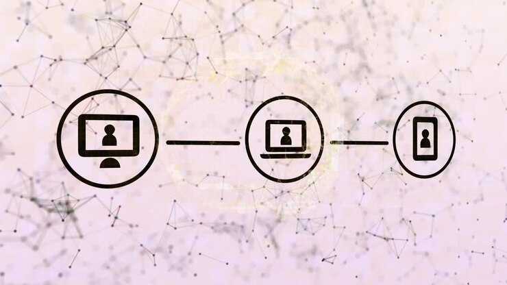 Digital animation of network of digital icons against network of connections on pink background