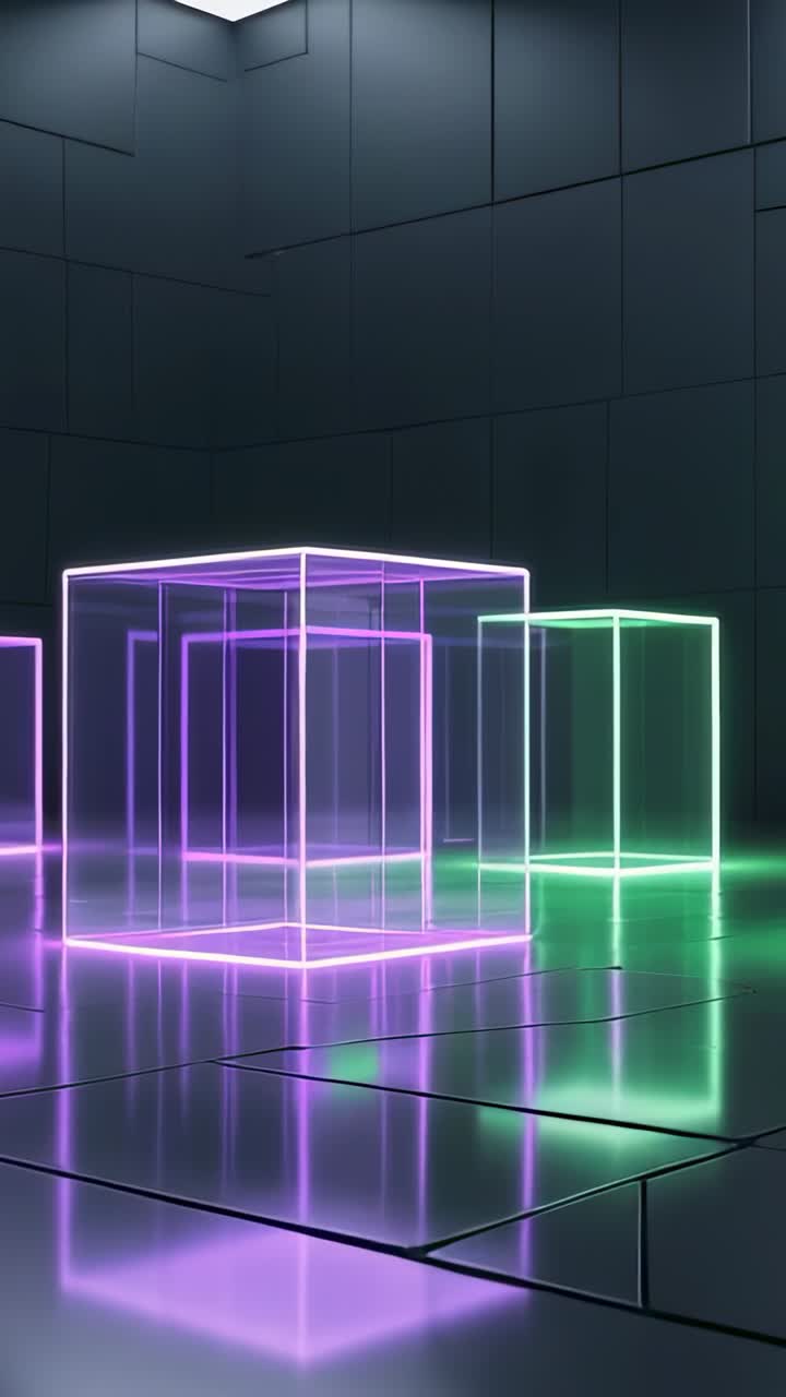 Vertical video: Opening chamber, neon cubes rotating on reflective floor, pulsating outlines