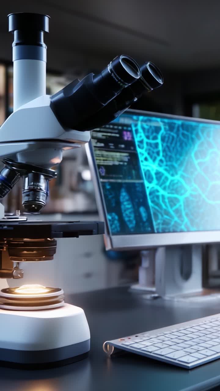 A modern laboratory scene showcasing a microscope and computer ...