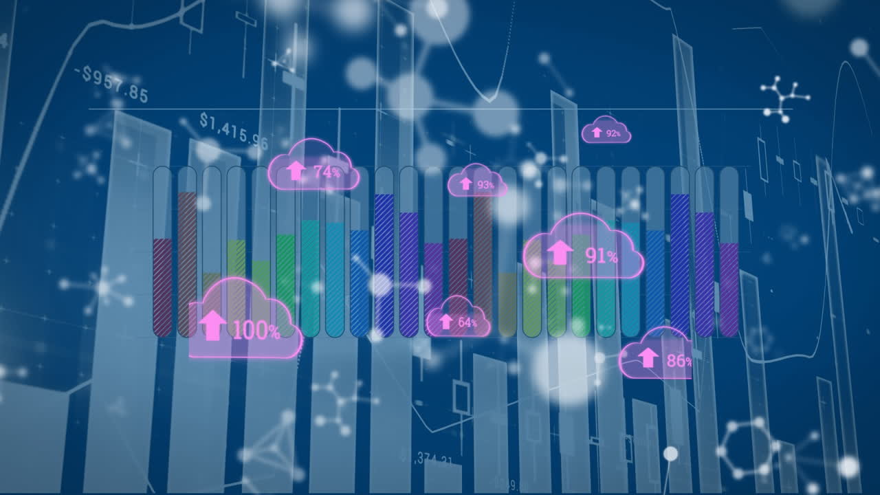 animación de nubes con números sobre gráficos, moléculas y datos en fondo azul