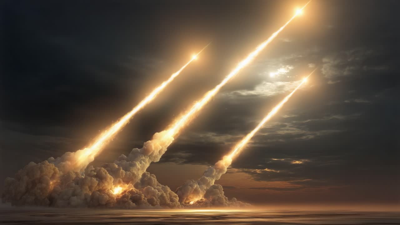 Dramatic Launch of Multiple Missiles into the Night Sky: A Display of Military Might and Technological Advancement Captured in Stunning Detail