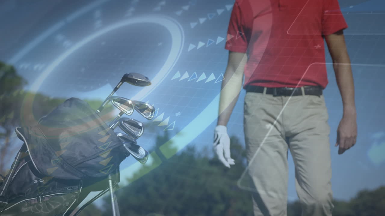 Man walking beside golf bag on fairway, showing live technology overlays with golf performance data
