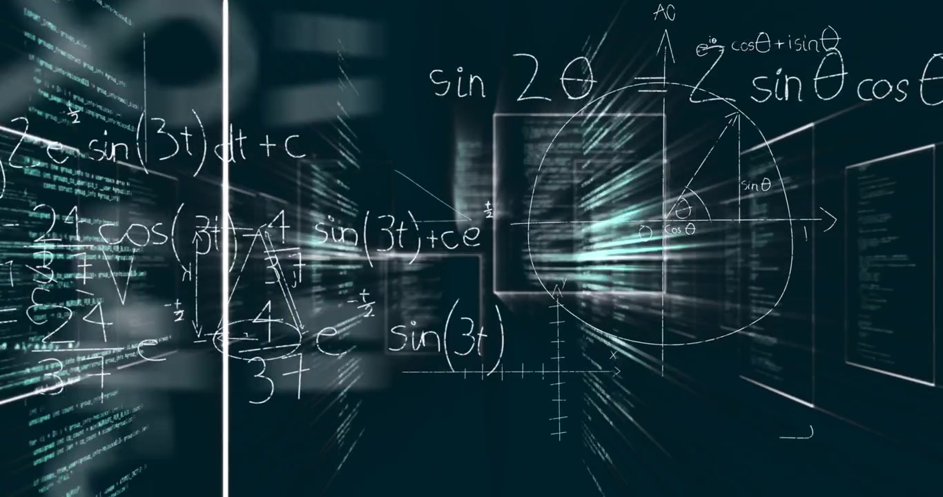Animation of data processing and mathematical equations over black background