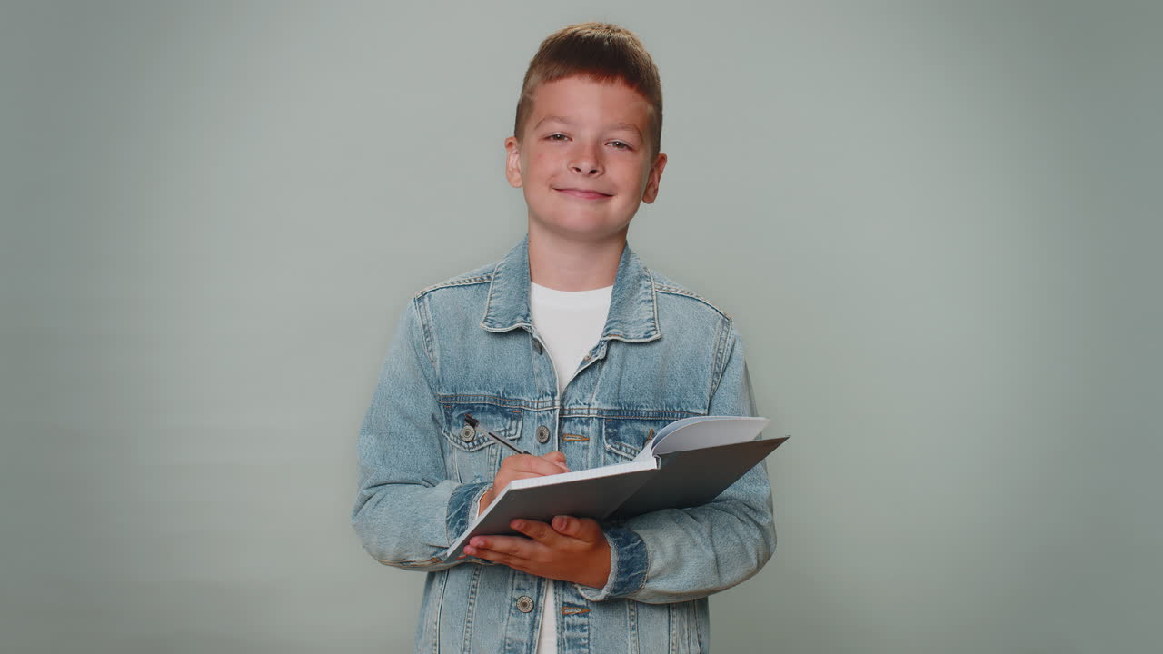 niño pequeño pensativo haciendo notas escribiendo pensamientos en el bloc de notas cuaderno diario, lista de tareas