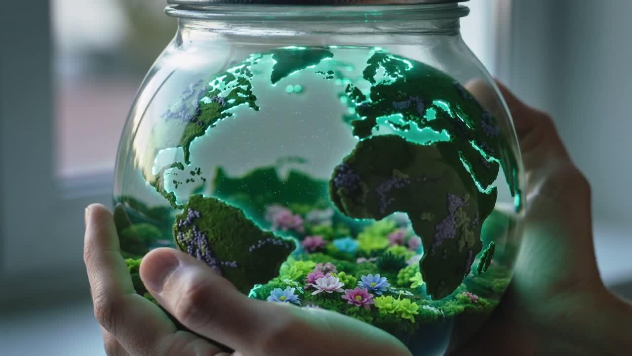 Mani che sollevano e reggono un barattolo vicino a una finestra, ruotandolo per rivelare continenti di muschio luminoso e fiori.